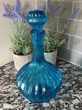 Vintage Empoli Blue Glass Diamond point Decanter with stopper
